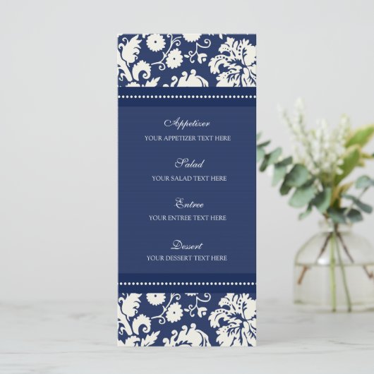 Trouwmenu Blauw Bloemen Damast Menu (Staand voorkant)