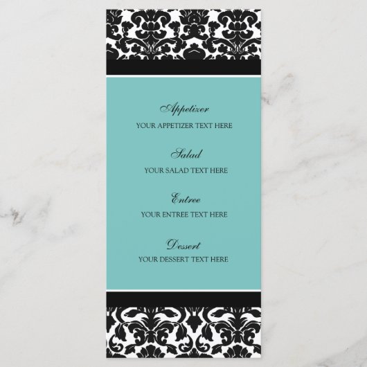Trouwmenu Blauwgroen Zwart Damask Menu (Voorkant)