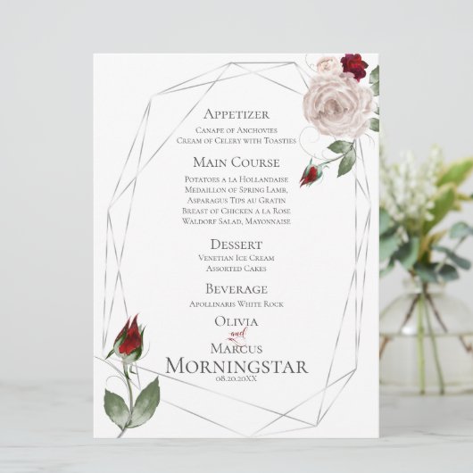 Trouwmenu | Blush en wijn Waterverf Rozen Menu (Staand voorkant)