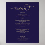 Trouwmenu bord met gouden schrift en marineblauw poster (Voorkant)