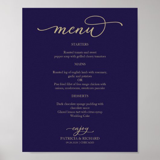 Trouwmenu bord met gouden schrift en marineblauw poster (Voorkant)