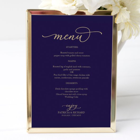 Trouwmenu bord met gouden schrift en marineblauw poster