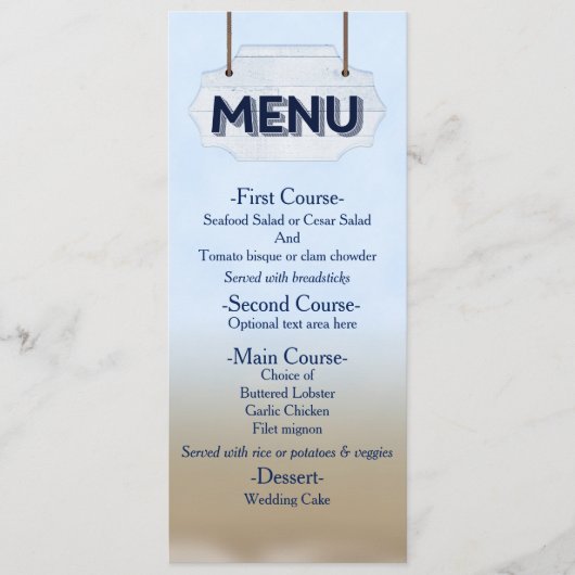 Trouwmenu bord wit houten strand bruiloft menu (Voorkant)