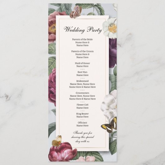 Trouwmenu Ceremonie Bloom Bloem Vlinder Programmakaart (Achterkant)