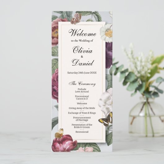 Trouwmenu Ceremonie Bloom Bloem Vlinder Programmakaart (Staand voorkant)