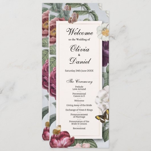 Trouwmenu Ceremonie Bloom Bloem Vlinder Programmakaart (Voorkant / Achterkant)