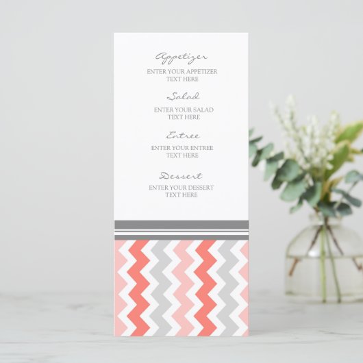 Trouwmenu Coral Grey Chevron Menu (Staand voorkant)