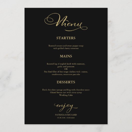 Trouwmenu Eenvoudig Elegant Goud Folie en Zwart Menu (Voorkant)