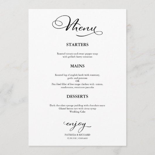 Trouwmenu Eenvoudige Elegante Calligrafie Menu (Voorkant)