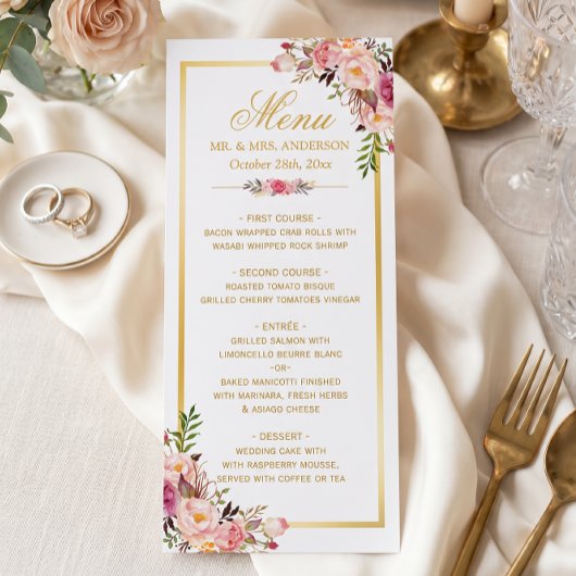 Trouwmenu Elegant Chic Gouden Frame Bloemen Menu
