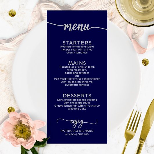 Trouwmenu Elegante Calligrafie Navyblauw Zilver Menu