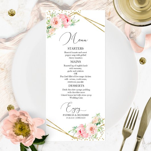 Trouwmenu Elegante Geometrische Roze Bloem Menu