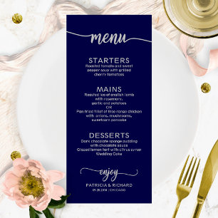 Trouwmenu Elegante Kalligrafie Marineblauw Zilver Menu