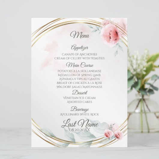 Trouwmenu | Elegante roze blush pioen Menu (Staand voorkant)