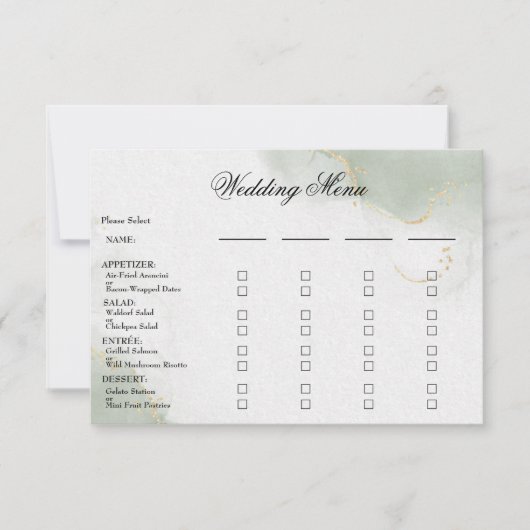 Trouwmenu Goud gedempt salie groen RSVP Kaartje (Voorkant)