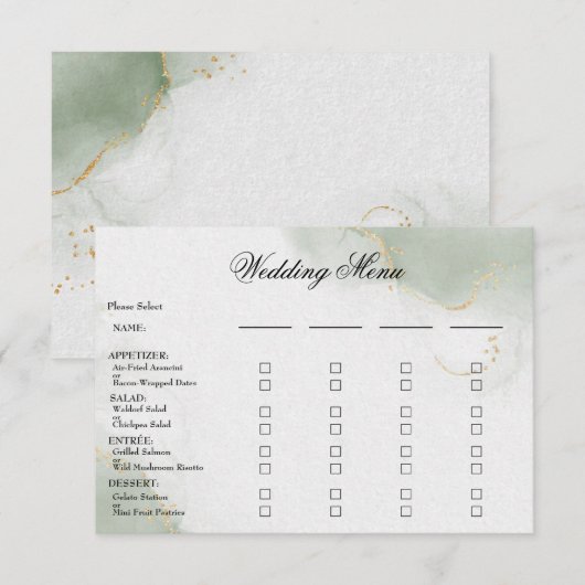 Trouwmenu Goud gedempt salie groen RSVP Kaartje (Voorkant / Achterkant)