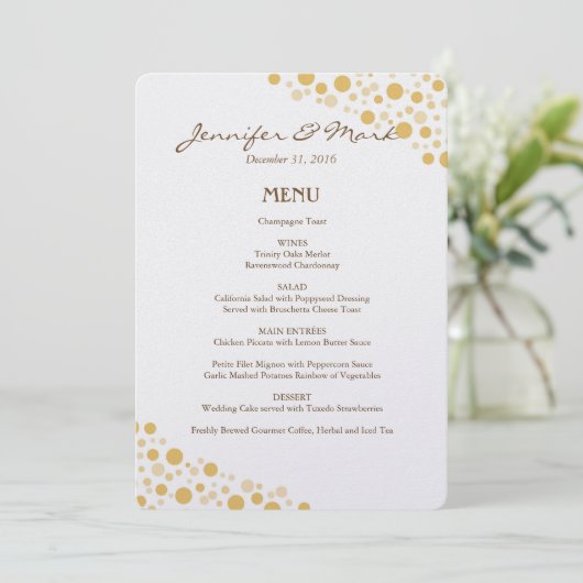 Trouwmenu Gouden Confetti Cirkels Menu (Staand voorkant)