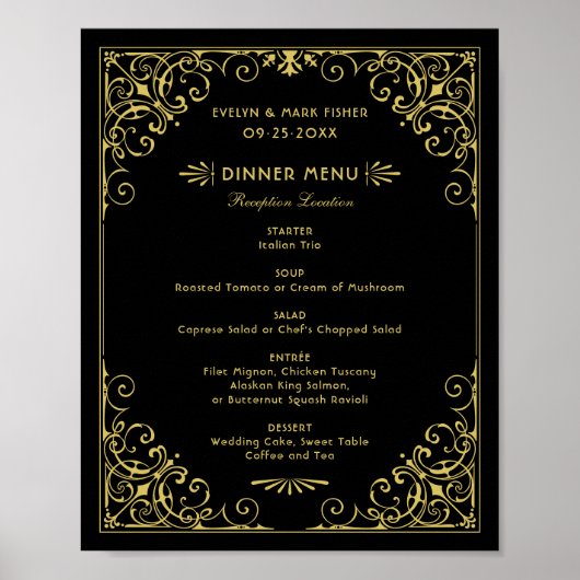 Trouwmenu in art deco-stijl met zwart en goud poster (Voorkant)