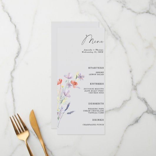 Trouwmenu in bloemrijke boho-stijl menu (Voorkant / Achterkant in situ)