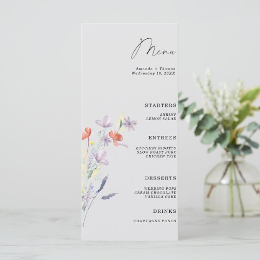 Trouwmenu in boho-stijl met bloemmotief menu (Staand voorkant)