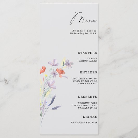 Trouwmenu in boho-stijl met bloemmotief menu (Voorkant)