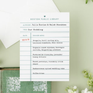 Trouwmenu in de stijl van een antieke bibliotheek  save the date
