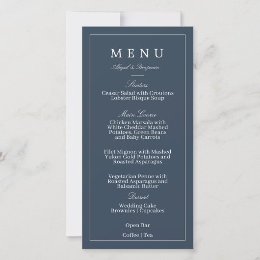 Trouwmenu in marineblauw (Voorkant)