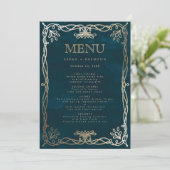 Trouwmenu in middeleeuwse Navy Goud en Klimop Menu (Staand voorkant)