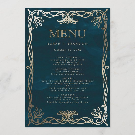 Trouwmenu in middeleeuwse Navy Goud en Klimop Menu (Voorkant)