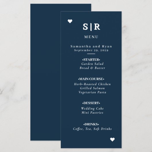 Trouwmenu in minimalistische marineblauw menu (Voorkant / Achterkant)