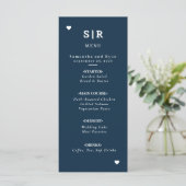 Trouwmenu in minimalistische marineblauw menu (Staand voorkant)
