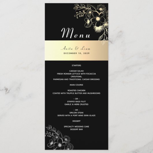 Trouwmenu in vintage zwart en goud menu (Voorkant)