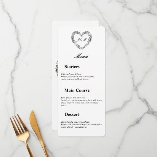 Trouwmenu in zwart-wit bloemhart menu (Voorkant / Achterkant in situ)