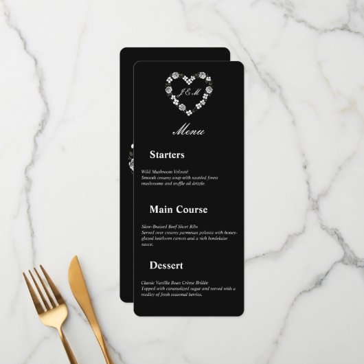 Trouwmenu in zwart-wit met bloemhart menu (Voorkant / Achterkant in situ)