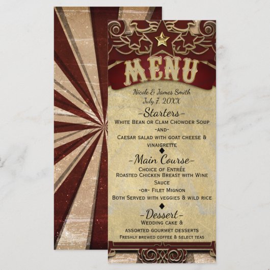 Trouwmenu kaart in vintage kermis circusstijl (Voorkant / Achterkant)