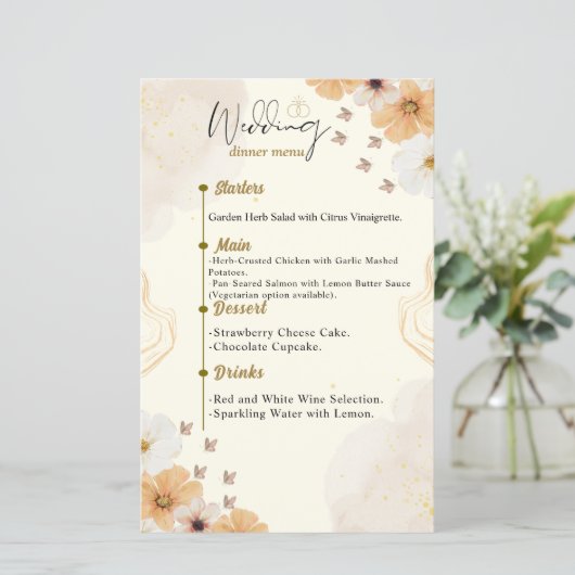 Trouwmenu Kaart met Cream Floral Design (Staand voorkant)
