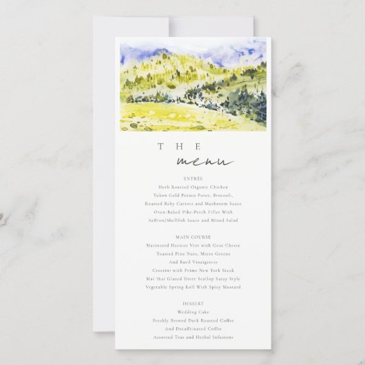 Trouwmenu kaart met gele groene heuvels op het pla (Voorkant)