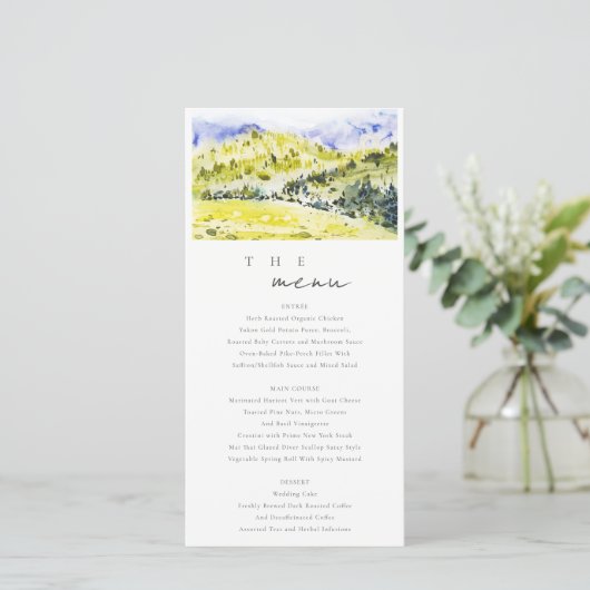 Trouwmenu kaart met gele groene heuvels op het pla (Staand voorkant)
