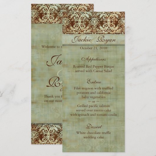 Trouwmenu Kaarten Damask Bruin Groen (Voorkant / Achterkant)