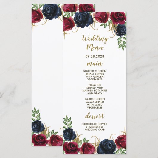 Trouwmenu kaarten in Navy Blauw Burgundy Rustic Bo (Voorkant / Achterkant)