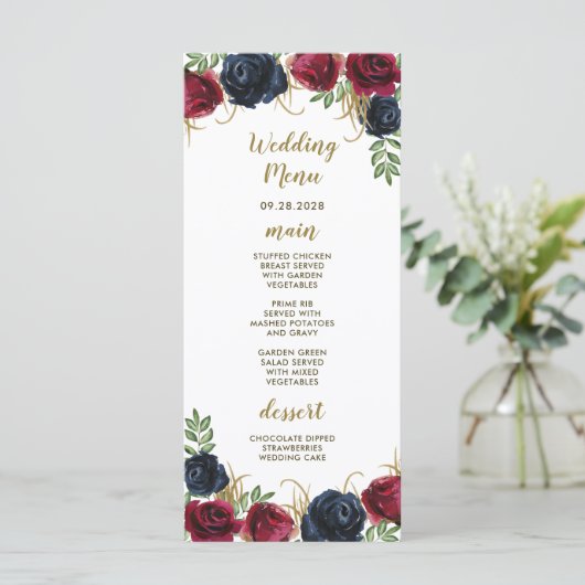 Trouwmenu kaarten in Navy Blauw Burgundy Rustic Bo (Staand voorkant)