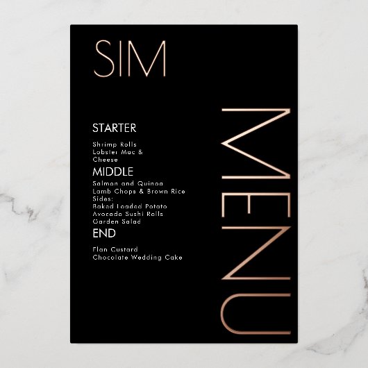 Trouwmenu Kaarten met Initiaal in Rose Goud gepers (Voorkant)