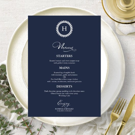 Trouwmenu kaarten met monogram in de vorm van een