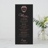 Trouwmenu Kaarten Monogram Zwart En Roze Goud (Staand voorkant)