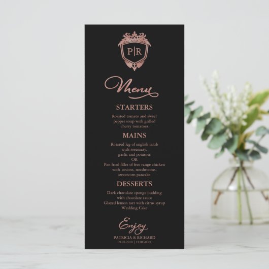 Trouwmenu Kaarten Monogram Zwart En Roze Goud (Staand voorkant)