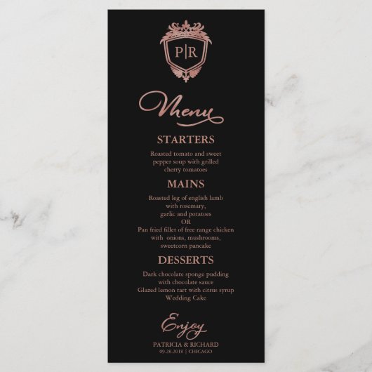 Trouwmenu Kaarten Monogram Zwart En Roze Goud (Voorkant)