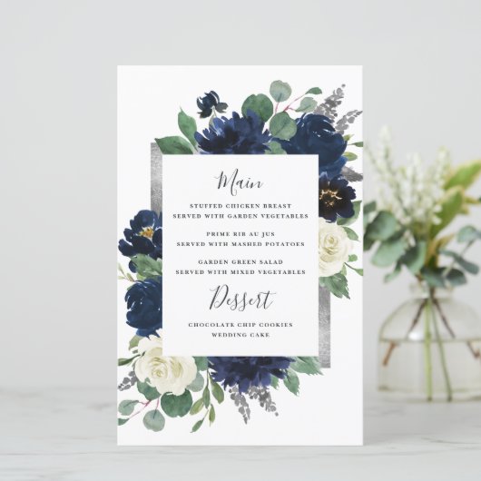 Trouwmenu kaarten Navy Blauw Zilver Ivoor Bloem (Staand voorkant)
