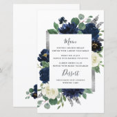 Trouwmenu kaarten Navy Blauw Zilver Ivoor Bloem (Voorkant / Achterkant)