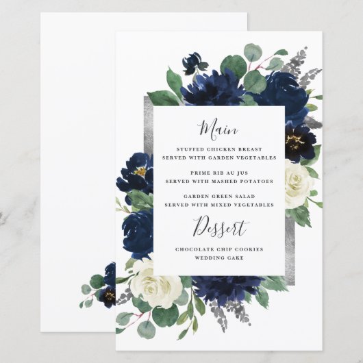 Trouwmenu kaarten Navy Blauw Zilver Ivoor Bloem (Voorkant / Achterkant)