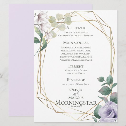 Trouwmenu | Lavendel Pioen Groen Botanisch Menu Kaart (Voorkant / Achterkant)